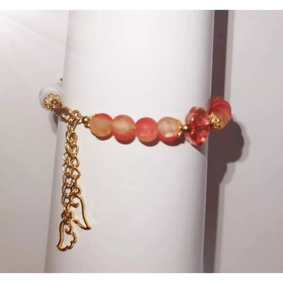 Red White Wire Bracelet w beaded Dragon and Winged Dangle Charms #971 - Picture 3 of 5